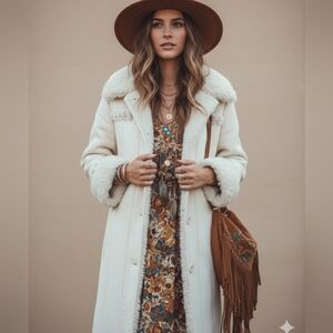 Vintage 90s Y2K Novelti Cream Faux Suede Faux Fur Trim Penny Lane Coat Size M